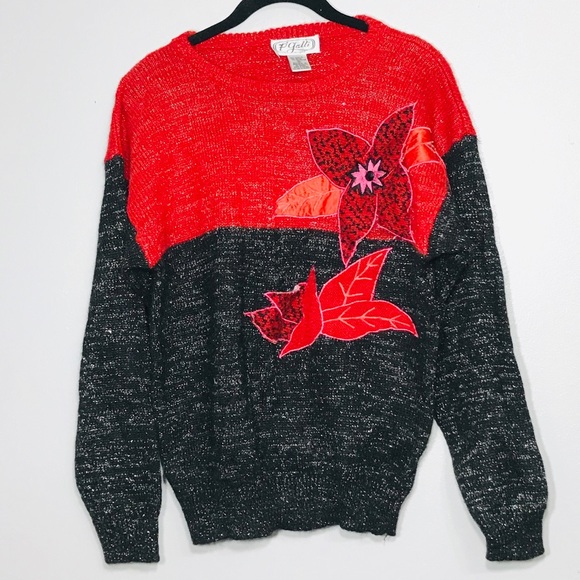 Vintage P’ Galli Red and Black Poinsettia Sweater - Picture 2 of 4